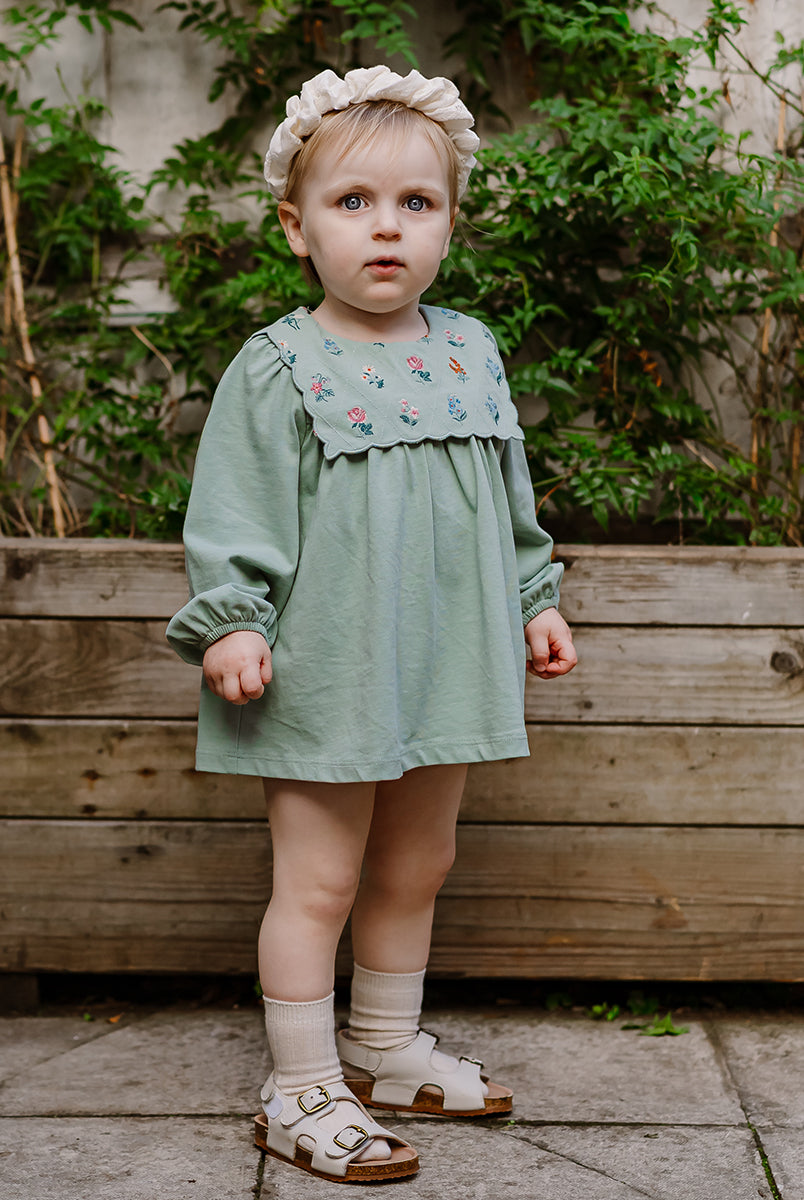 Ely Embroidered Jersey Romper, Pea Green – Happyology