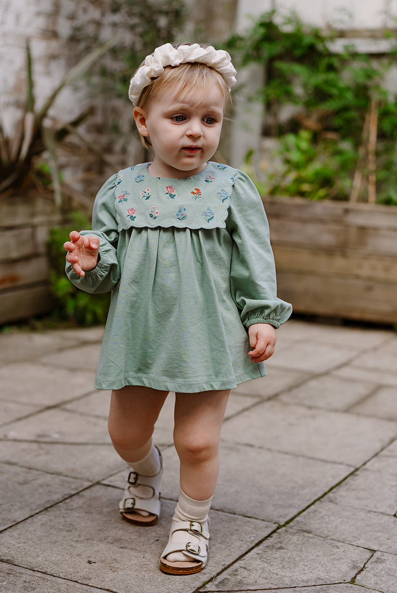 Ely Embroidered Jersey Romper, Pea Green – view 6