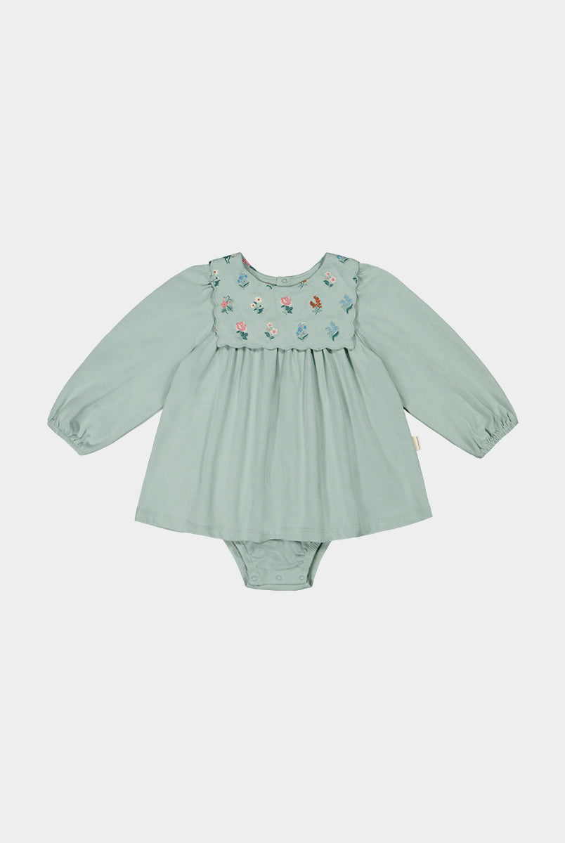 Ely Embroidered Jersey Romper, Pea Green – view 2