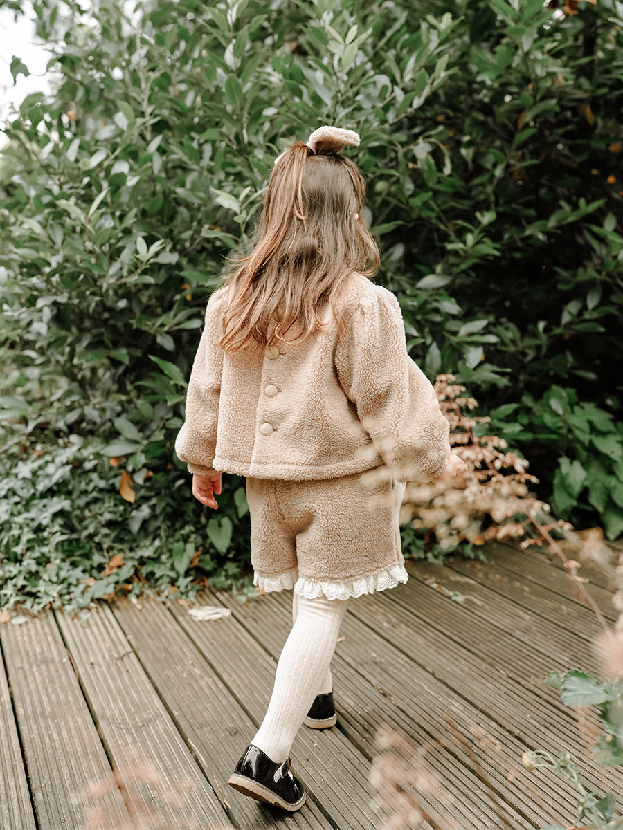 Calendula Faux Fur Jersey Shorts, Khaki